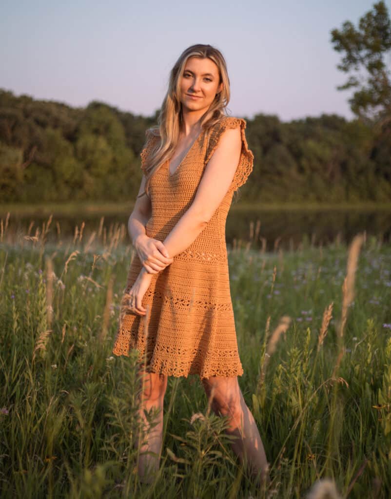 Golden hour flowy lace tiered sun dress worn in the evening